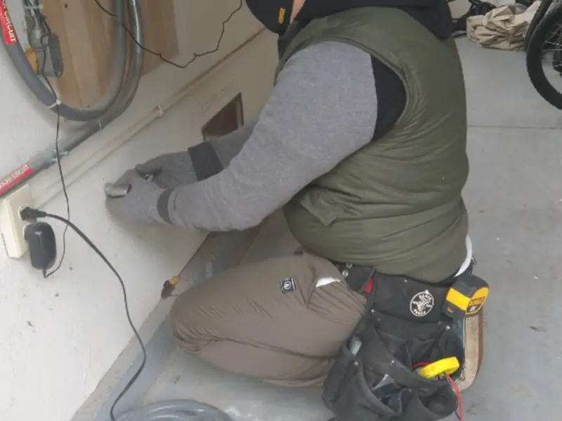 Electrician performing outlet wiring in a Hilton Head Island garage